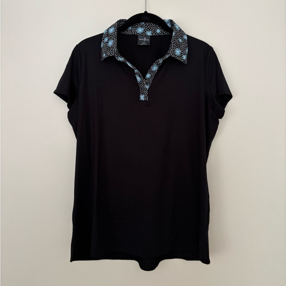 Belyn Key Black Polo Top with Blue Patterned Collar